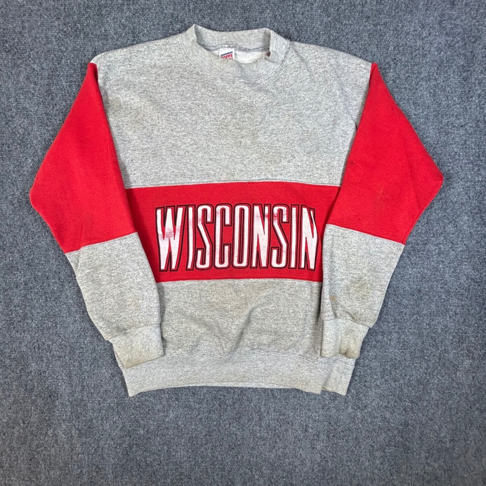 Vintage Soffe Sweats Wisconsin Crewneck‎ Sweatshirt Grey Red Colorblock Large
